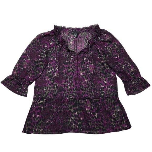 Apostrophe Top Women Medium Purple Leopard Floral Sheer Bell Sleeve Boho Peasant - Picture 1 of 12